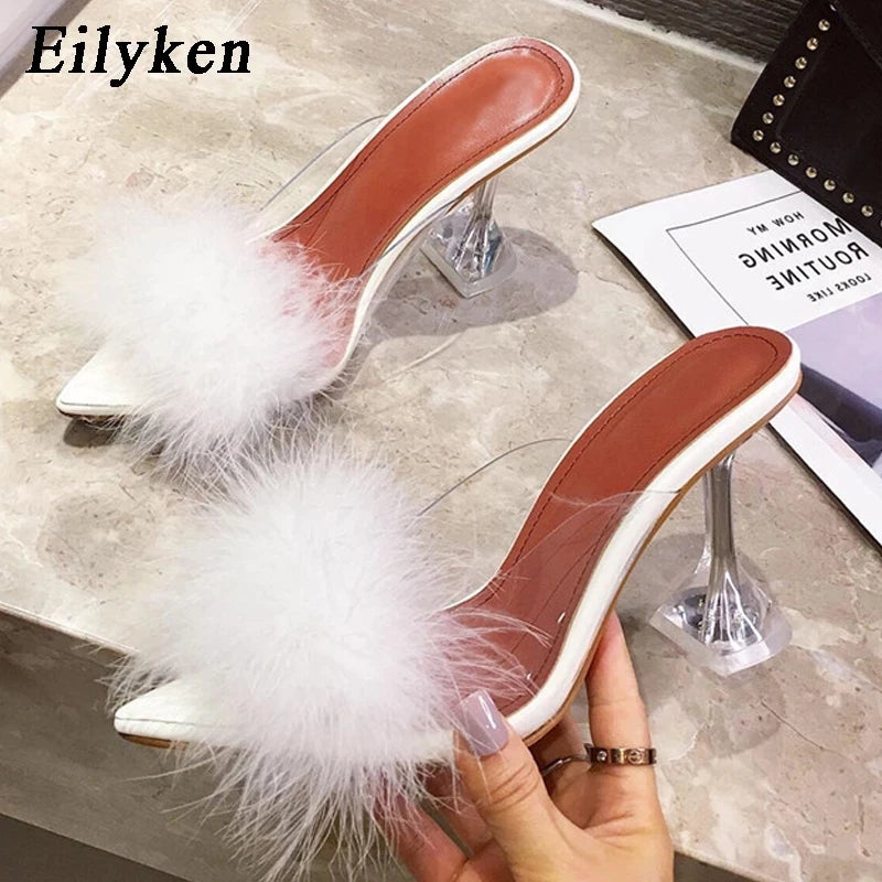 Feather Fur Clear Heel Mule Pumps for Women – Pointed Toe Slides