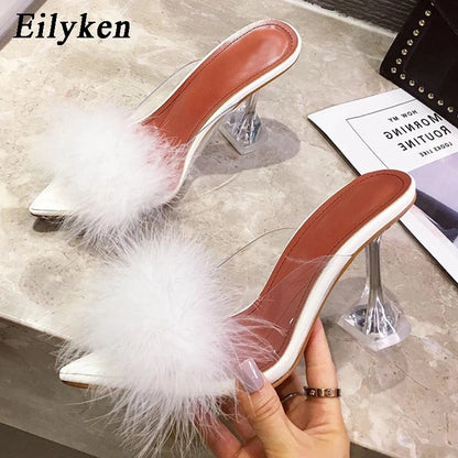Feather Fur Clear Heel Mule Pumps for Women – Pointed Toe Slides