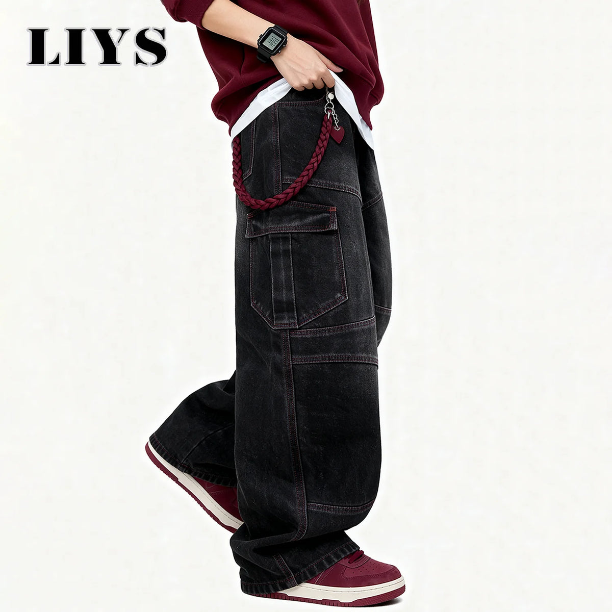 Men S American Street Retro Deconstruction Loose Wide Leg Jeans Unisex Baggy Clothes Multi Pocket