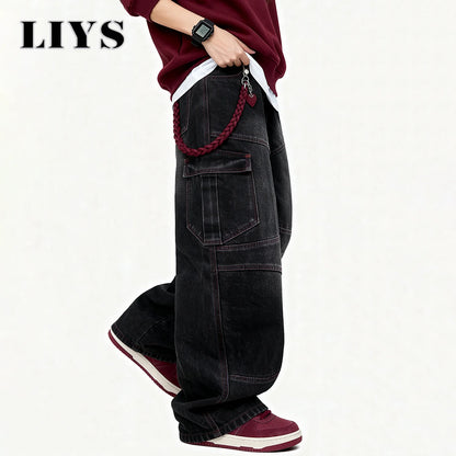 Men S American Street Retro Deconstruction Loose Wide Leg Jeans Unisex Baggy Clothes Multi Pocket