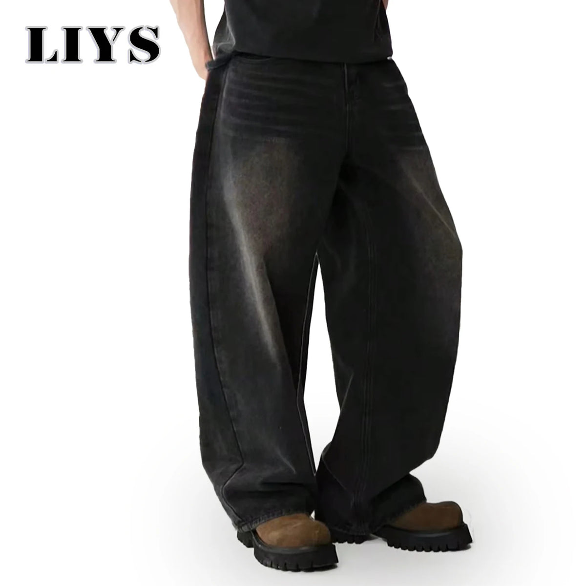 Liys Men S Hip Hop Anime Pattern Black Baggy Wide Leg Jeans American Trend Retro Gothic Woman