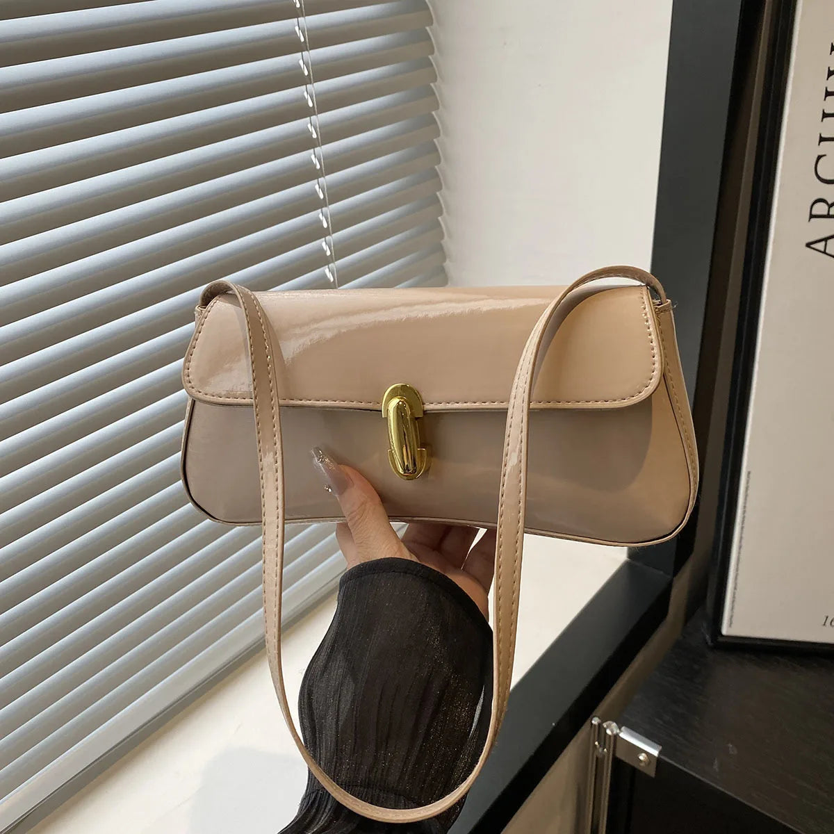 Patent Leather Baguette Bag Women's Shoulder Bag Gold Clasp