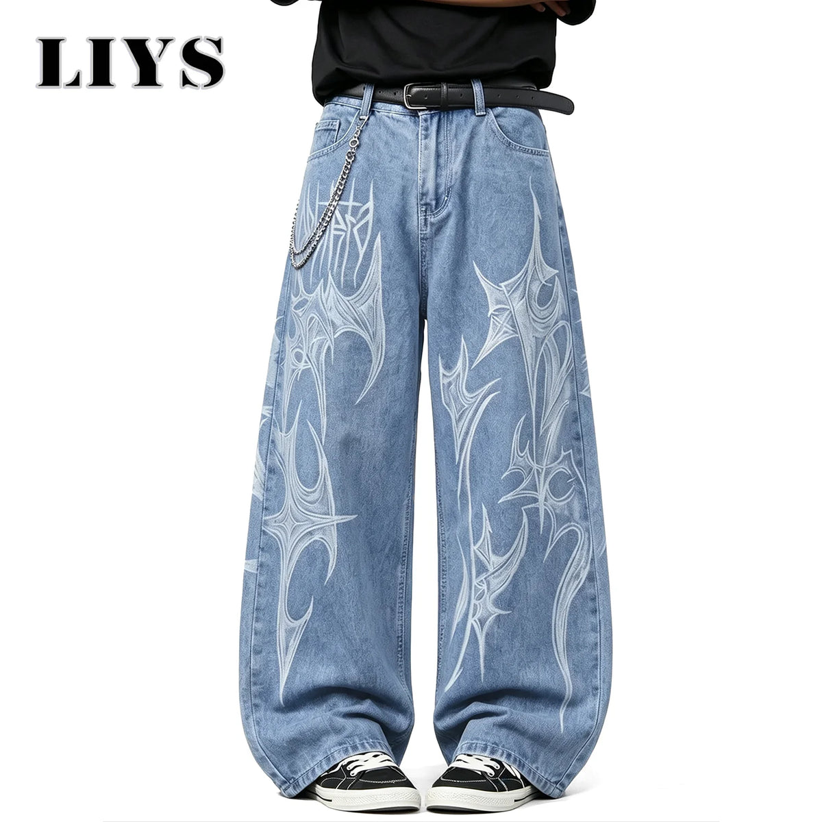Tribal Graffiti Print Baggy Wide-Leg Jeans – Unisex Hip Hop Style