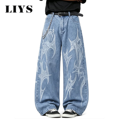 Tribal Graffiti Print Baggy Wide-Leg Jeans – Unisex Hip Hop Style