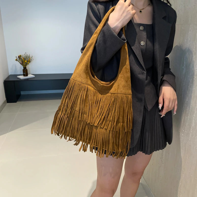 Tassel Hobo Shoulder Bag – Women's Y2K Suede Fringe Purse