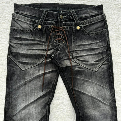 Claw Mark Flare Jeans – Y2K Gothic Lace-Up Double Waist Distressed Denim