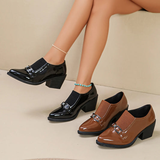 Women's Pointed Toe Block Heel Shoes – British Style Patent Leather