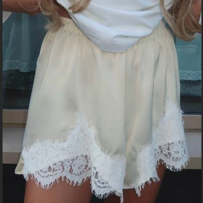 Satin Lace Trim Shorts – Women's Silky Low Rise Lounge PJ Bottoms