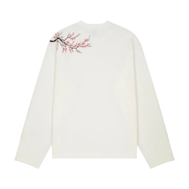 Cherry Blossom Embroidery Waffle Knit Long Sleeve T-Shirt