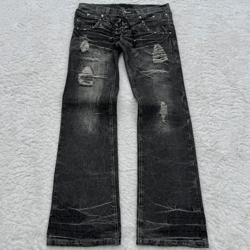 Y2K Gothic Washed Flare Jeans – Lace-Up Double Waist Unisex