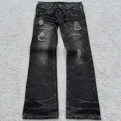 Y2K Gothic Washed Flare Jeans – Lace-Up Double Waist Unisex