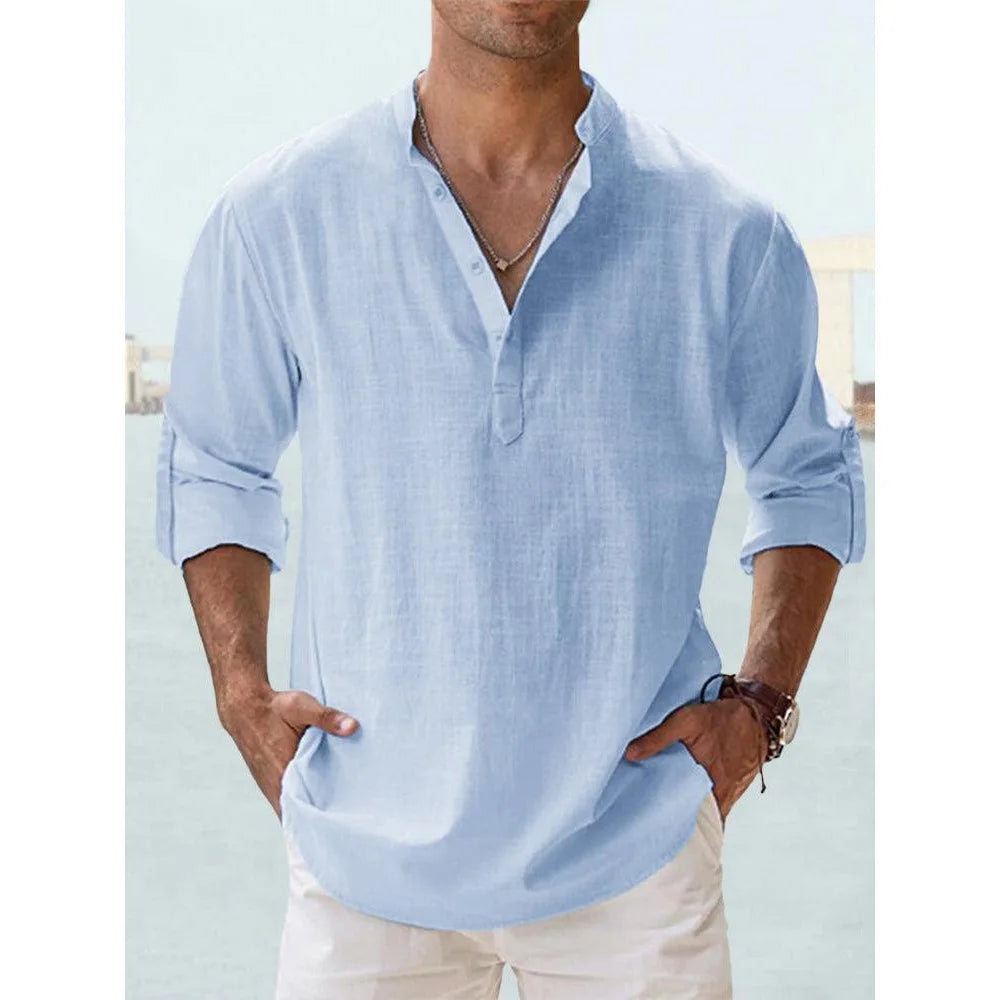 Men's Cotton Linen Henley Shirt – Long Sleeve Casual Beach Top