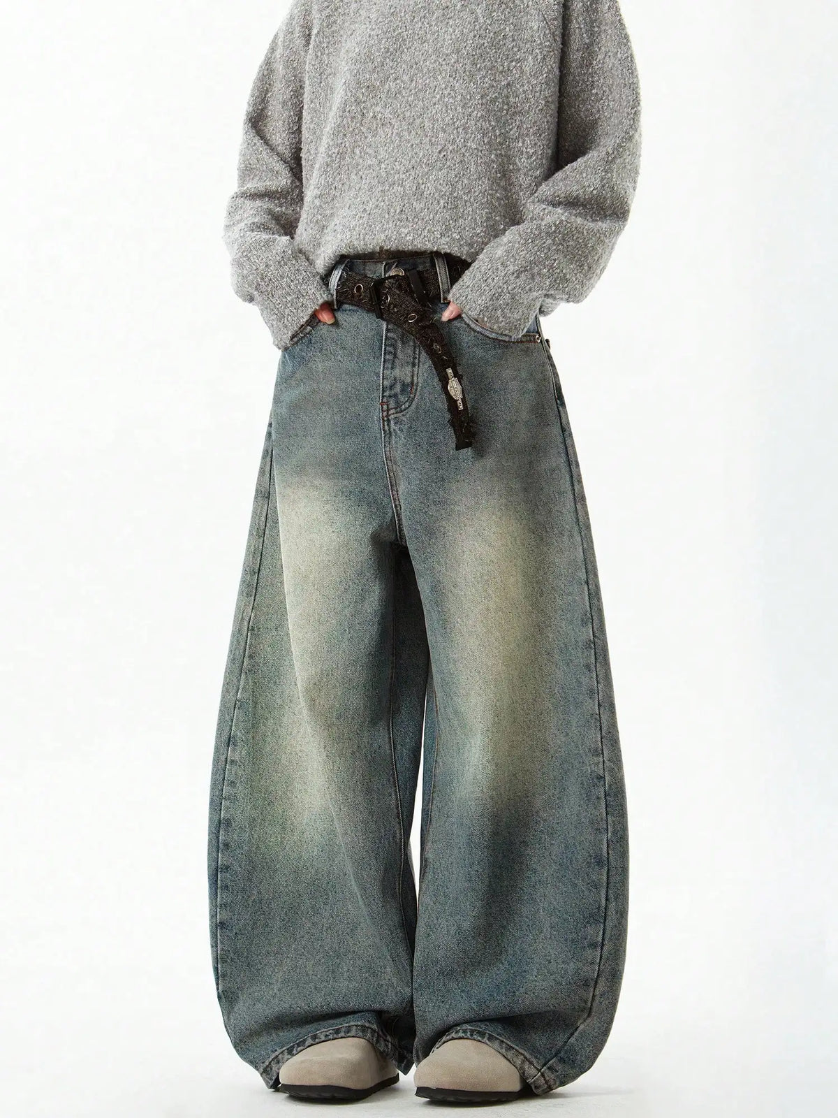 Men S Wear Blue Wide-Leg Denim Pants Baggy Jeans Vintage Three-Dimensional Cut Curved Knife Loose