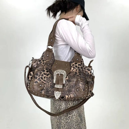 Y2K Leopard Patchwork Rivet Crossbody Tote Bag