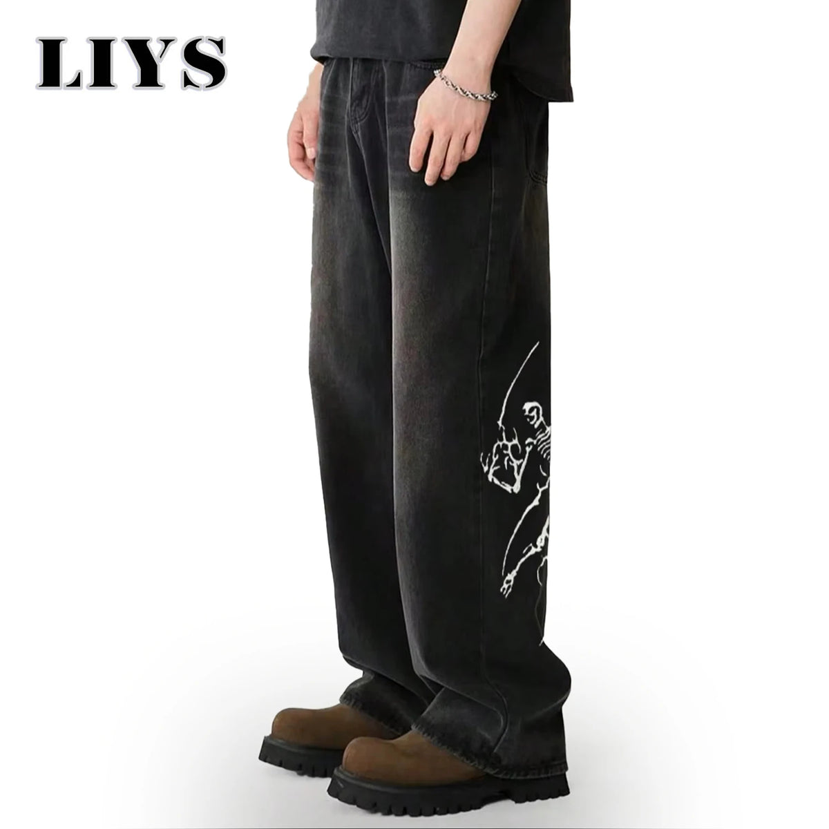 Liys Men S Hip Hop Anime Pattern Black Baggy Wide Leg Jeans American Trend Retro Gothic Woman