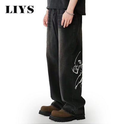 Liys Men S Hip Hop Anime Pattern Black Baggy Wide Leg Jeans American Trend Retro Gothic Woman