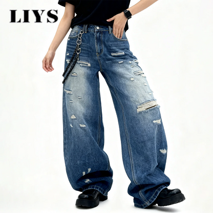 Blue Baggy Ripped Jeans – Men's Retro Goth Street Denim