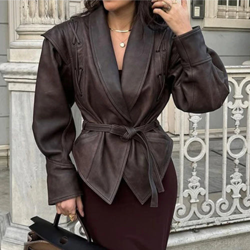 Oversized Faux Leather Jacket Women – Belted Drop Shoulder Coat