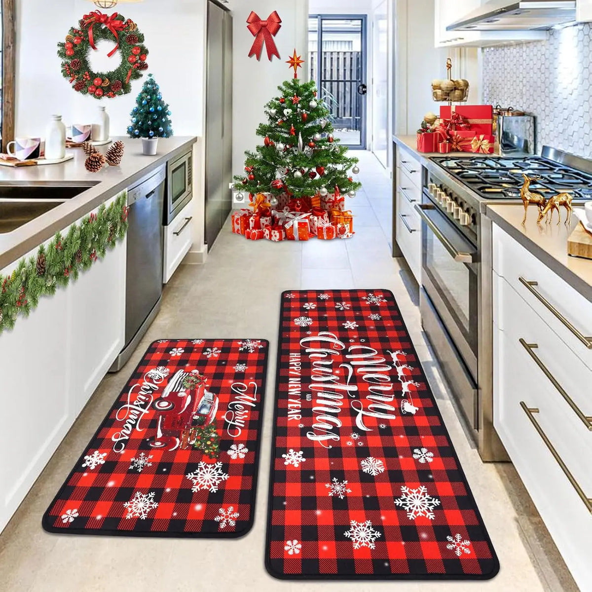 Christmas Kitchen Rug Set 2-Piece – Red Buffalo Plaid Holiday Mat