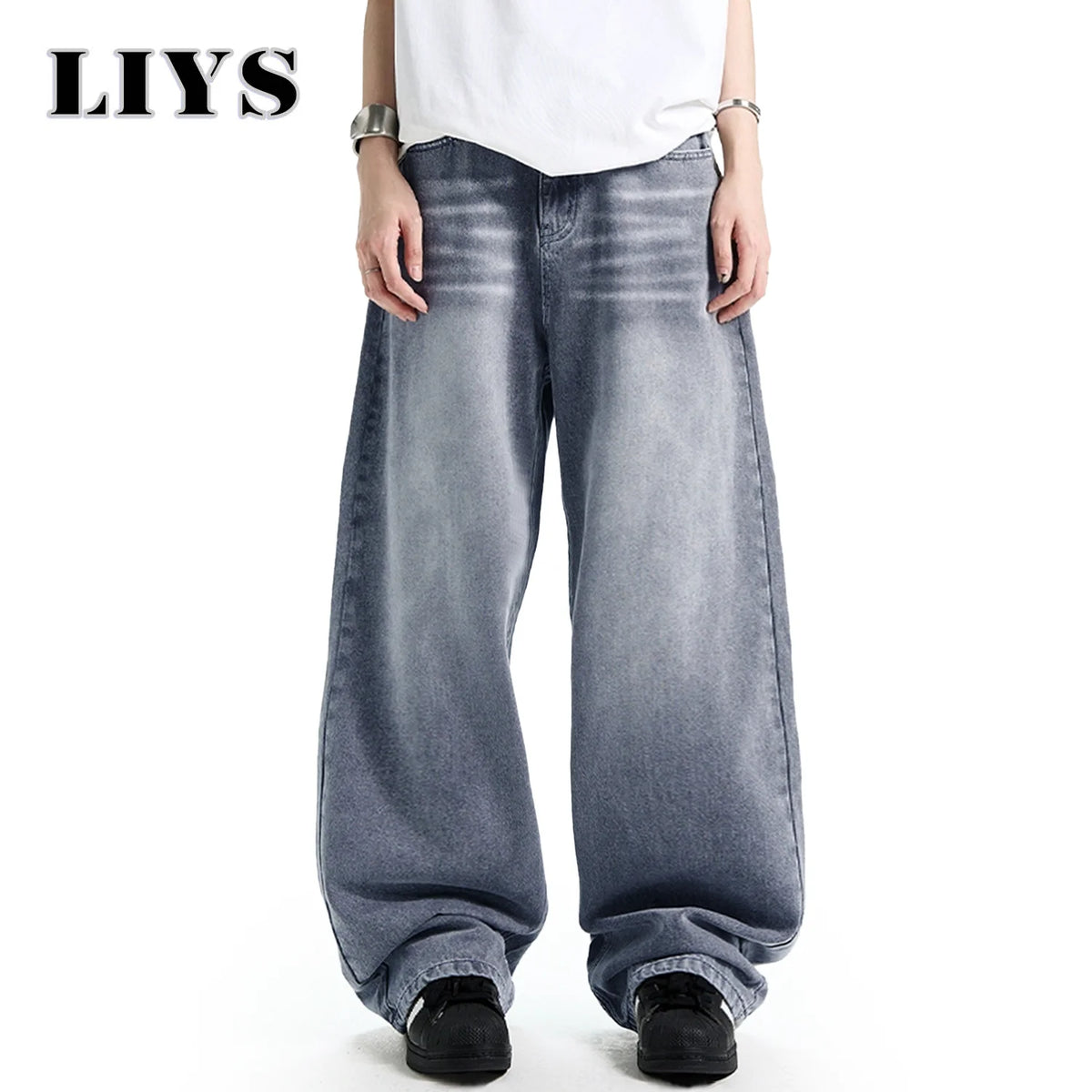 Men S American Retro Washed Polished White Loose Wide Leg Jeans Daily Business Leisure Unisex Baggy