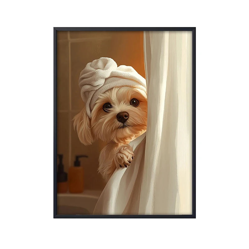 Funny Dog Bathroom Poster – Schnauzer in Bathrobe Wall Art Print