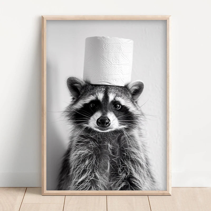 Funny Bathroom Wall Art Poster – Black & White Animal Toilet Paper Print