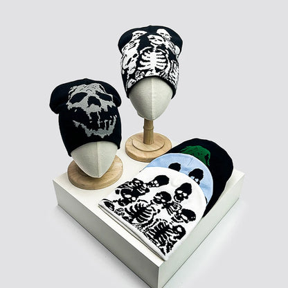 Skull Print Knit Beanie – Color Block Warm Winter Hat Punk Style