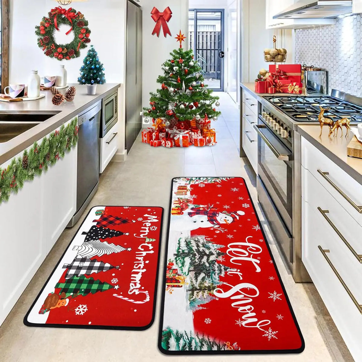 Christmas Kitchen Rug Set 2-Piece – Red Buffalo Plaid Holiday Mat