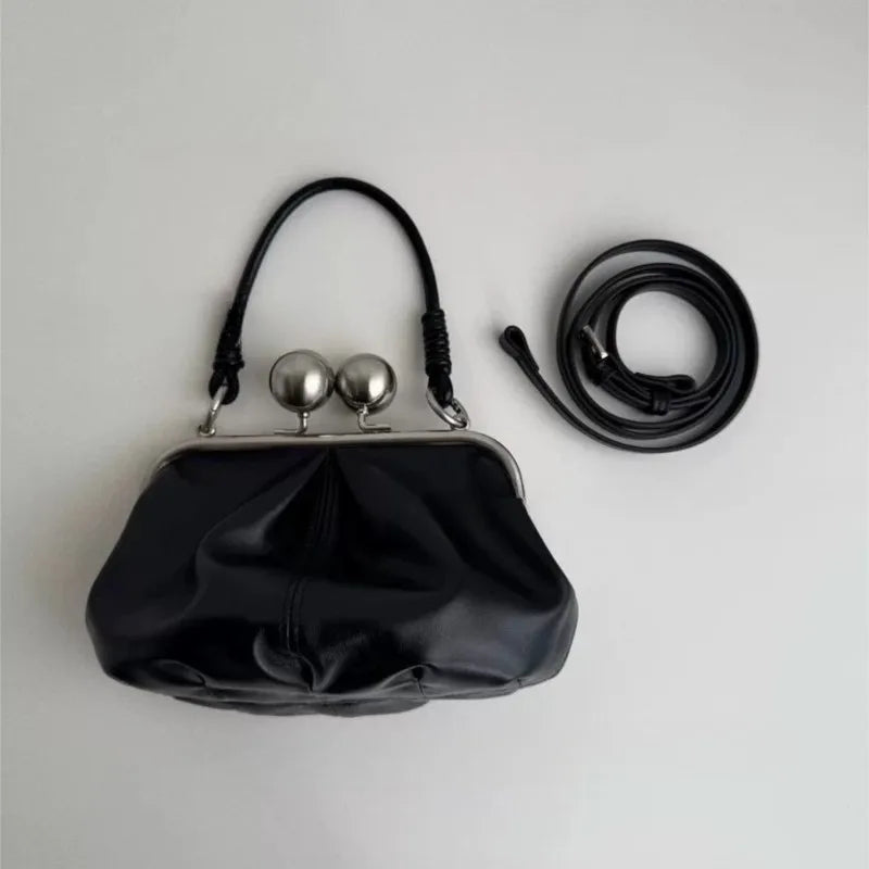 Retro Black Pleated Clip Bag Women Leather Small Capacity Handbag