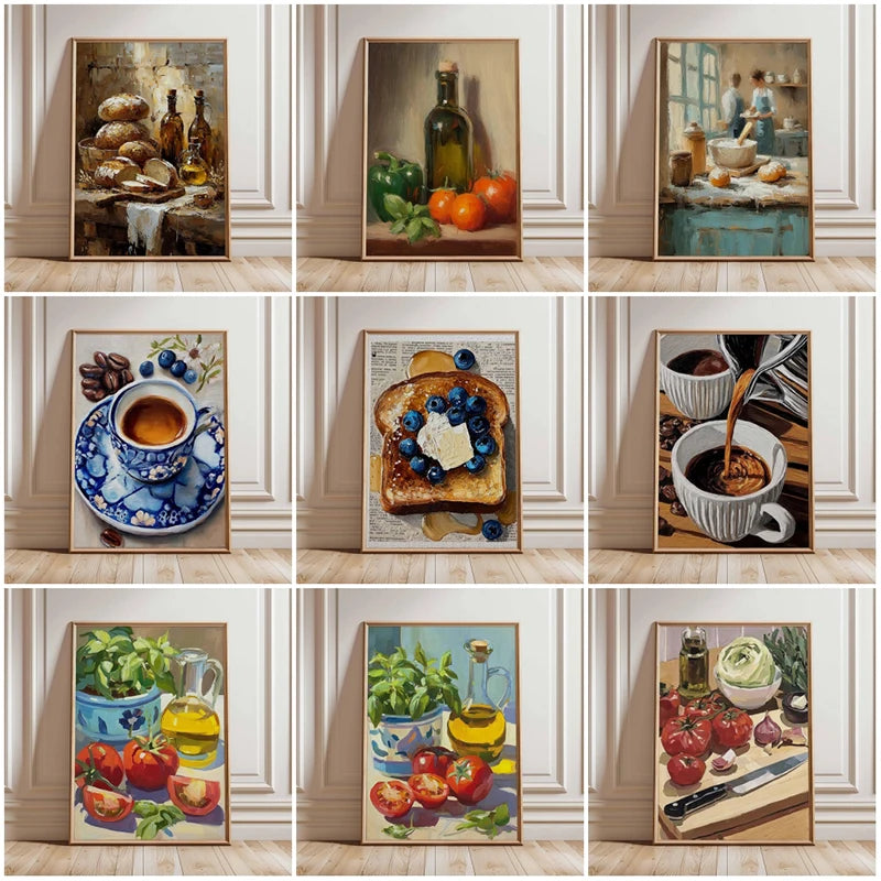 Rustic Kitchen Still Life Poster Vintage Bread Art Print Canvas Oil Painting Style Wall Picture