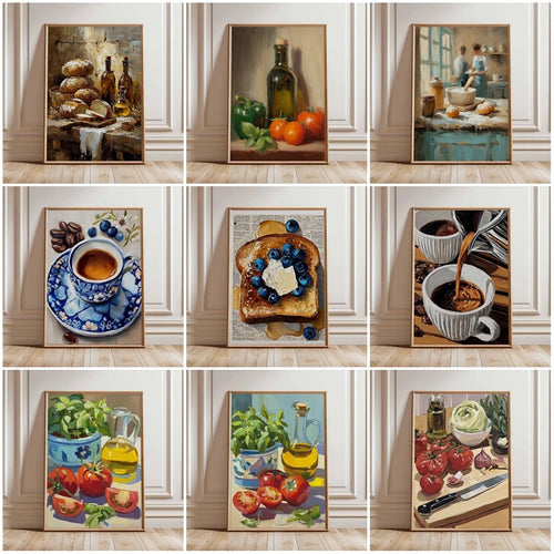 Rustic Kitchen Still Life Poster Vintage Bread Art Print Canvas Oil Painting Style Wall Picture