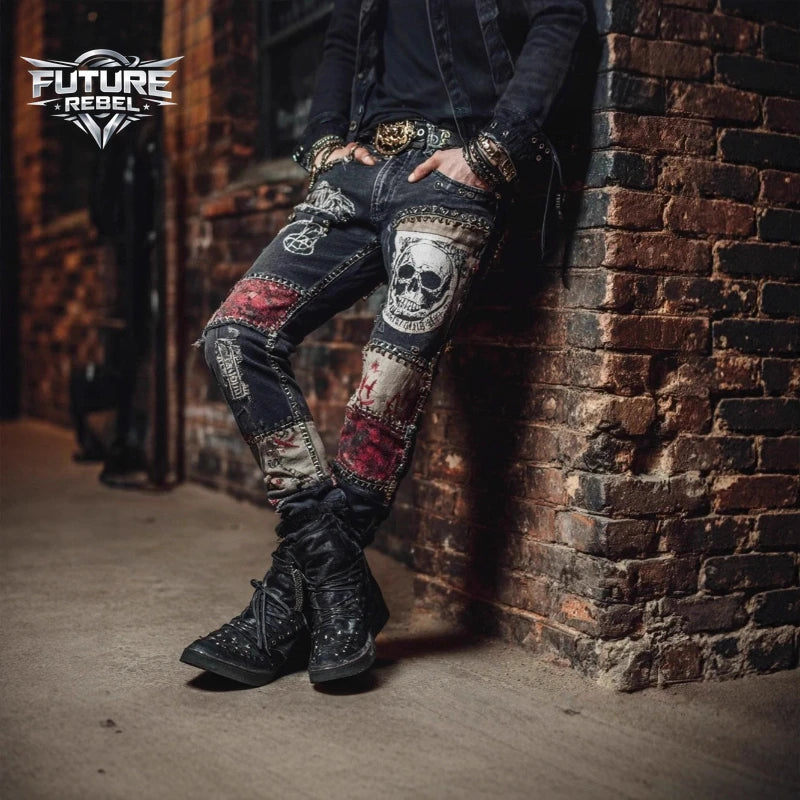 Skull Print Gothic Biker Denim Jeans – Y2K Streetwear Punk Hip Hop Pants