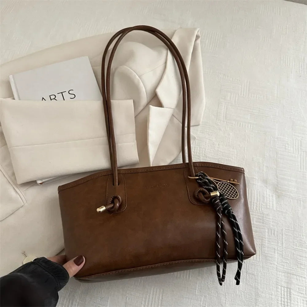 PU Leather Shoulder Bag Y2K Tote with Charm Detail