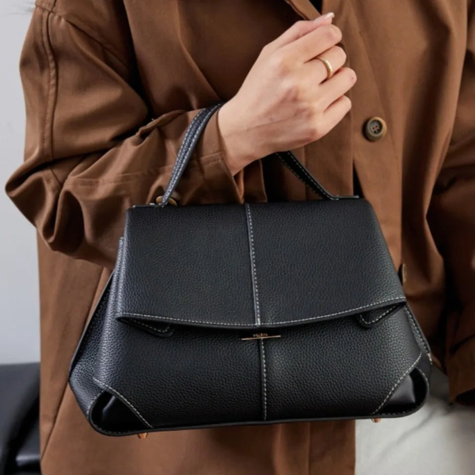 Pebbled Leather Flap Satchel Bag 2 Layers