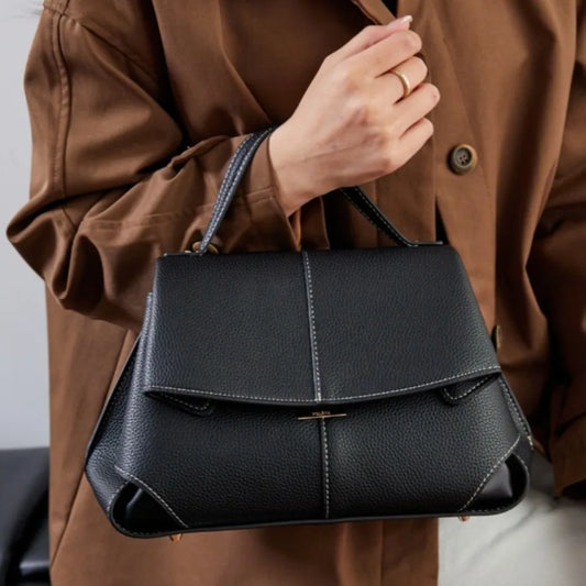 Pebbled Leather Flap Satchel Bag 2 Layers