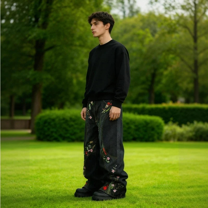 Floral Embroidery Wide Leg Jeans – Y2K Patchwork Unisex Harajuku Hip Hop Denim