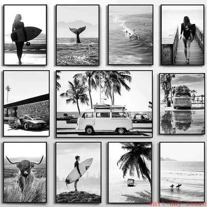 Beach Surf Wall Art Poster – Camper Van & Ocean Landscape