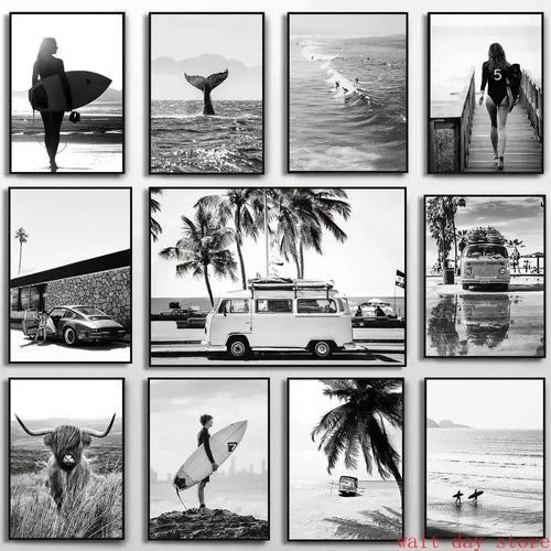 Beach Surf Wall Art Poster – Camper Van & Ocean Landscape