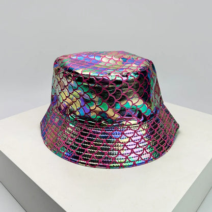 Holographic PU Leather Bucket Hat – Reflective Unisex Fisherman Cap