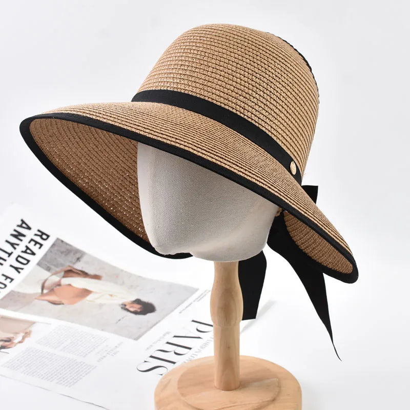Wide Brim Straw Sun Hat with Black Ribbon Bow