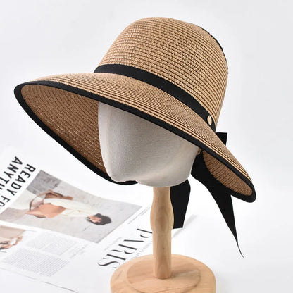 Wide Brim Straw Sun Hat with Black Ribbon Bow
