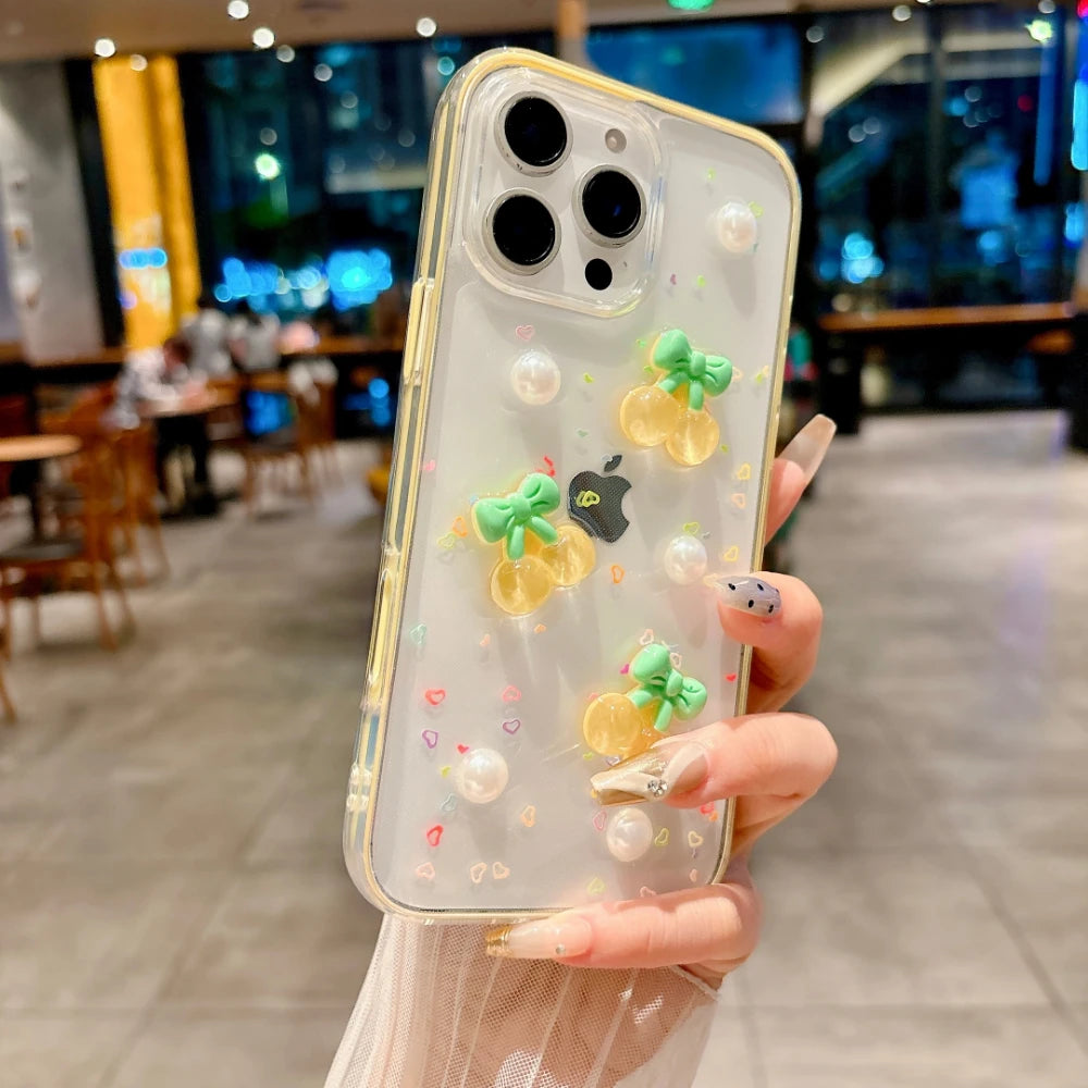 3D Cherry Love Heart iPhone Case – Cute Epoxy Shockproof Cover