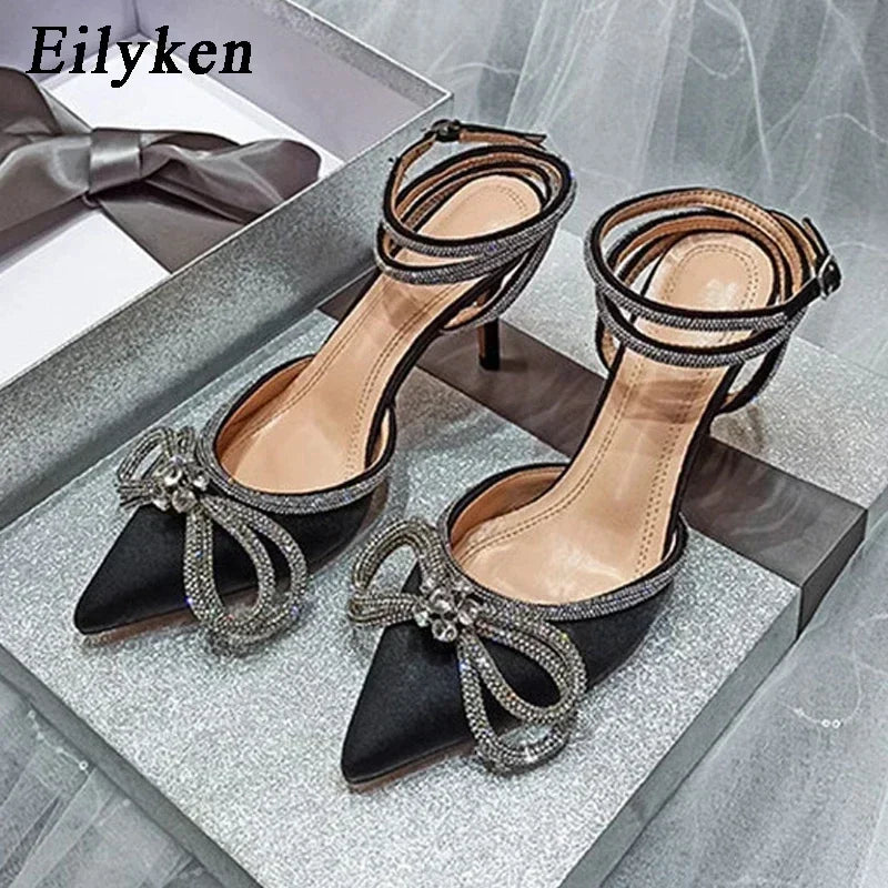 Crystal Bow Knot Satin Pumps – Rhinestone Stiletto Heels