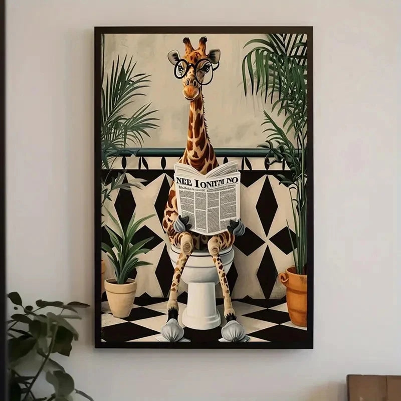 Giraffe Reading Newspaper Bathroom Wall Art Poster