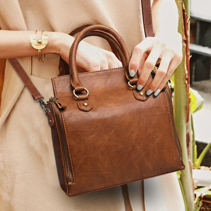 Retro Brown Simple Handbag Women Multi Layer Large Capacity