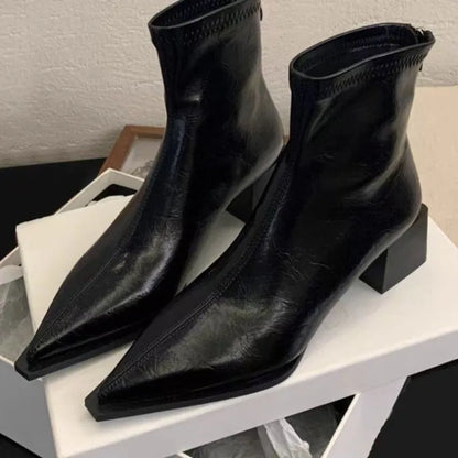 Women's Pointed Toe Ankle Boots – Square Mid Heel Short Boots