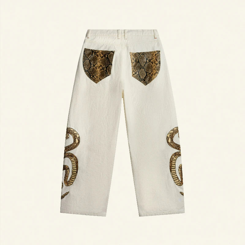 Y2K Snake Embroidery White Baggy Jeans – Unisex Wide Leg Denim