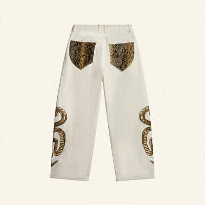Y2K Snake Embroidery White Baggy Jeans – Unisex Wide Leg Denim