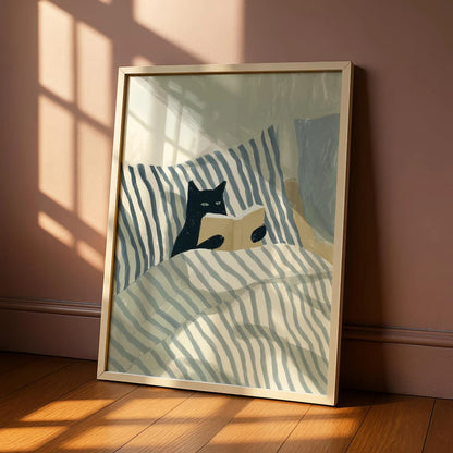 Black Cat Reading Wall Art Print – Cosy Bedroom Poster