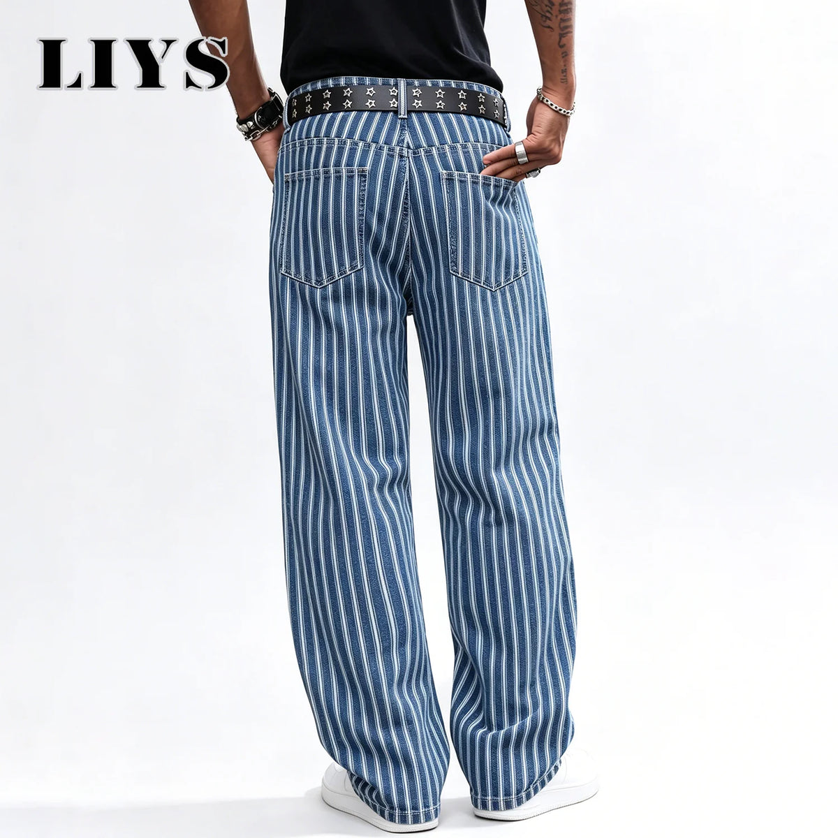 Men's Striped Jacquard Baggy Straight Leg Jeans – Blue & White
